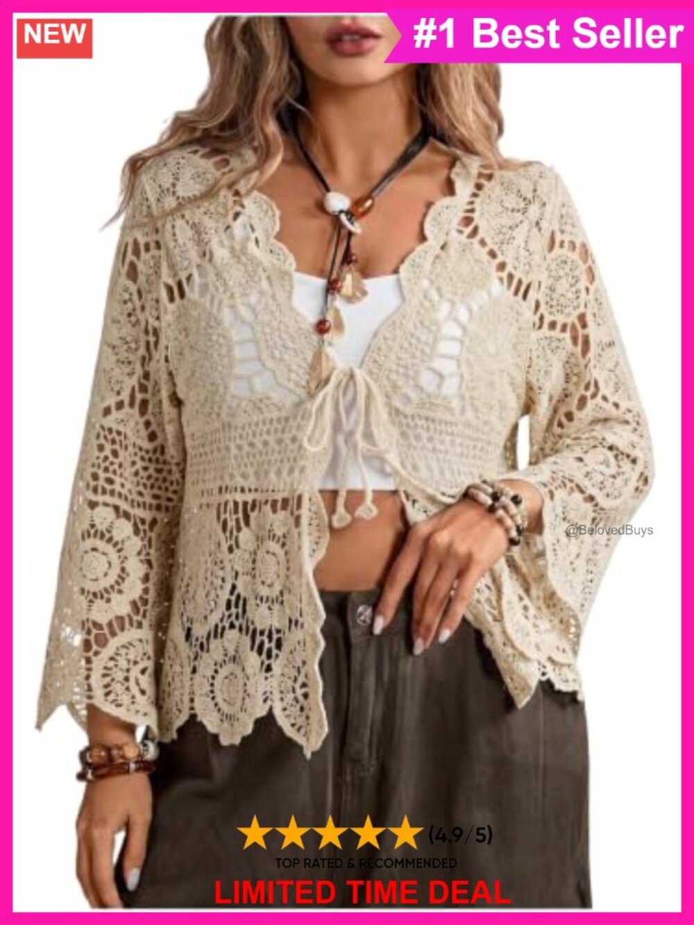Plus Size Crochet Knit Cardigan Hollow Out Tie Front Boho Summer